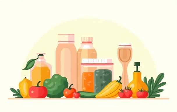 Illustrative graphic showing healthy food and kitchen tools
